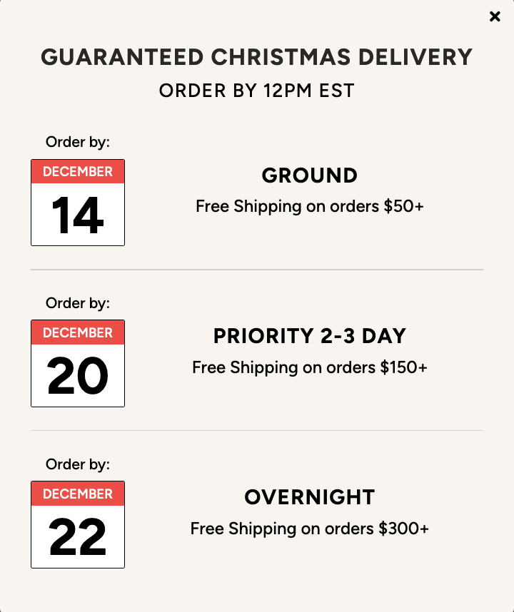 Holiday Shipping Deadlines Pop-Up