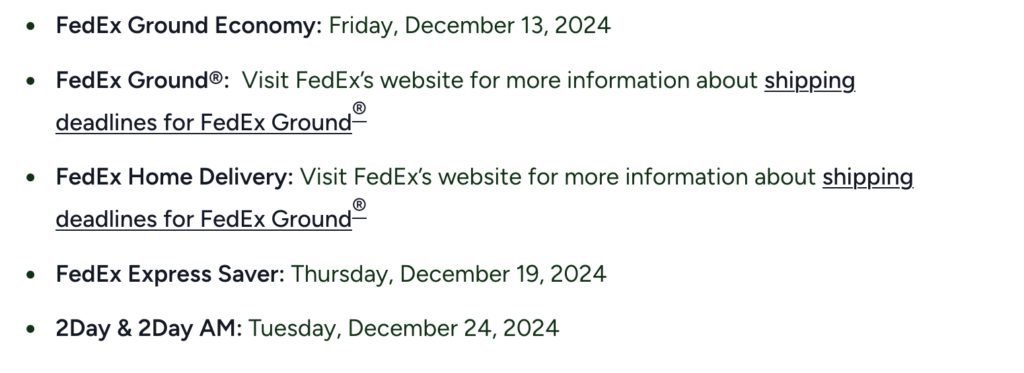 FedEx 2024 Shipping Cutoffs