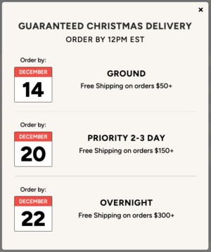 Shipping Deadlines Pop Up